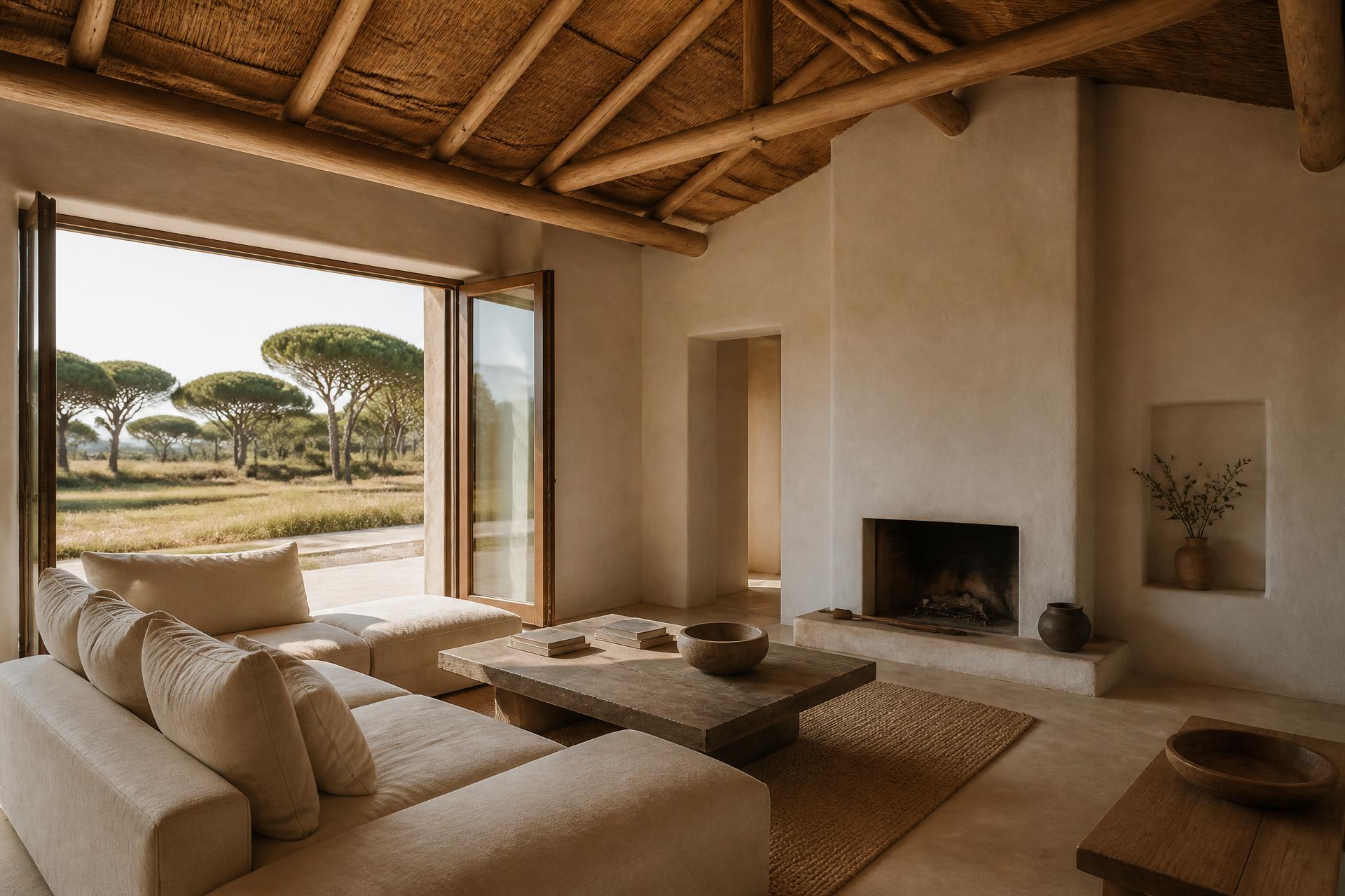 Comporta interior with thatched ceiling, linen furnishings and pine views