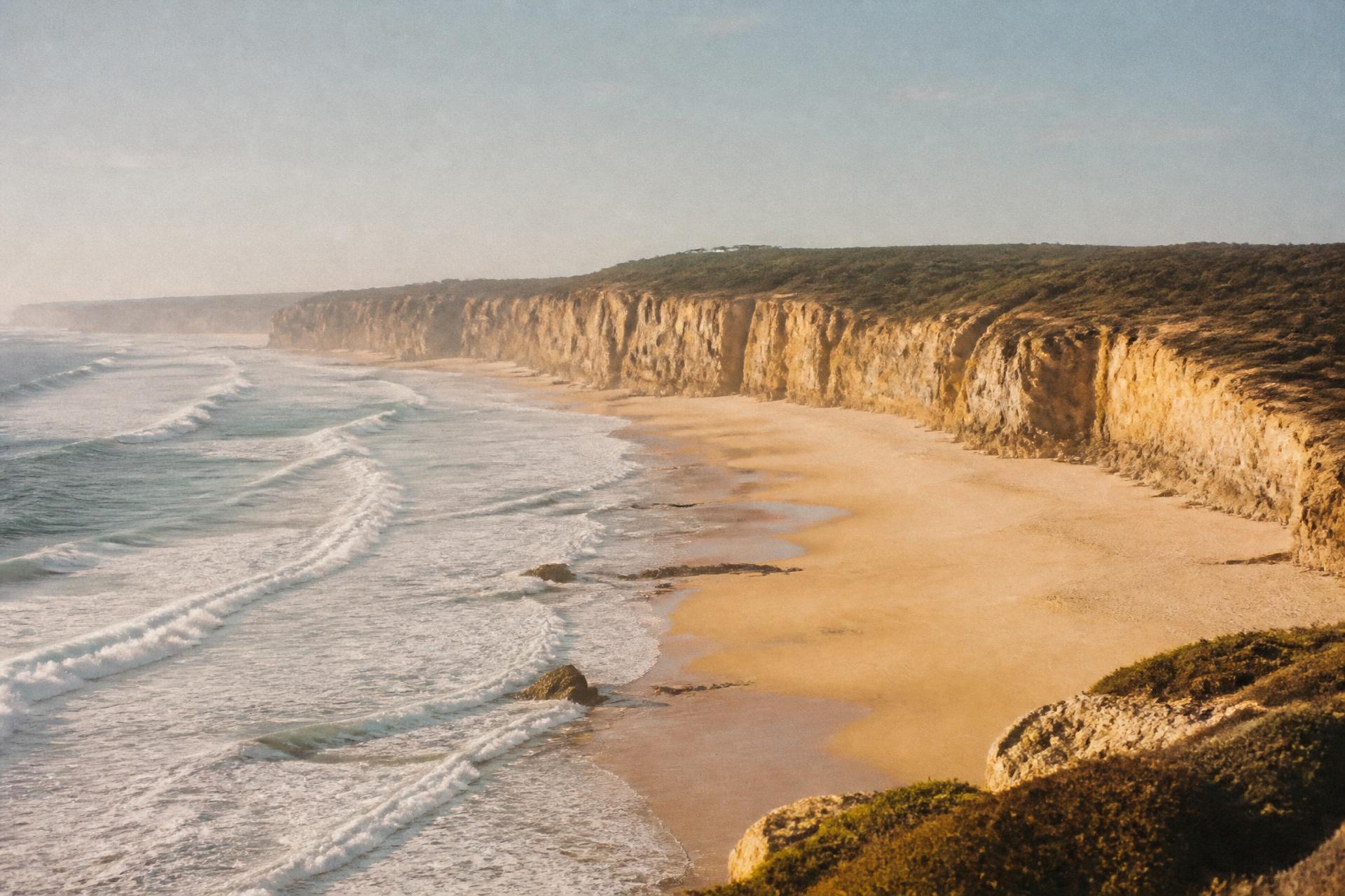 Limestone cliffs and Atlantic surf along the Silver Coast of central Portugal